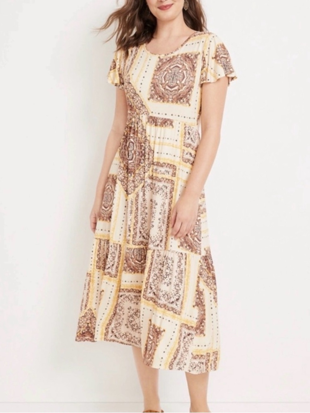 Maurices Patchwork Midi Dress in Cream and Brown
